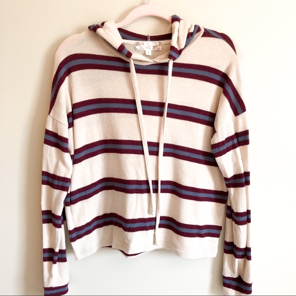 PacSun Tops - Pacsun Cream Maroon Blue Striped Hoodie S